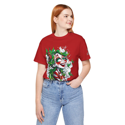 High Roller Jester Queen Cannabis T-Shirt - Premium 420 Harlequin Beauty Holiday Celebration Apparel