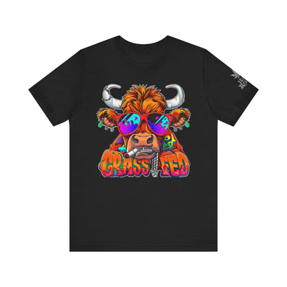 High Roller Grass Fed Cannabis T-Shirt - Premium 420 Highland Cow Humor Psychedelic Sunglasses Farm Culture Comedy Apparel