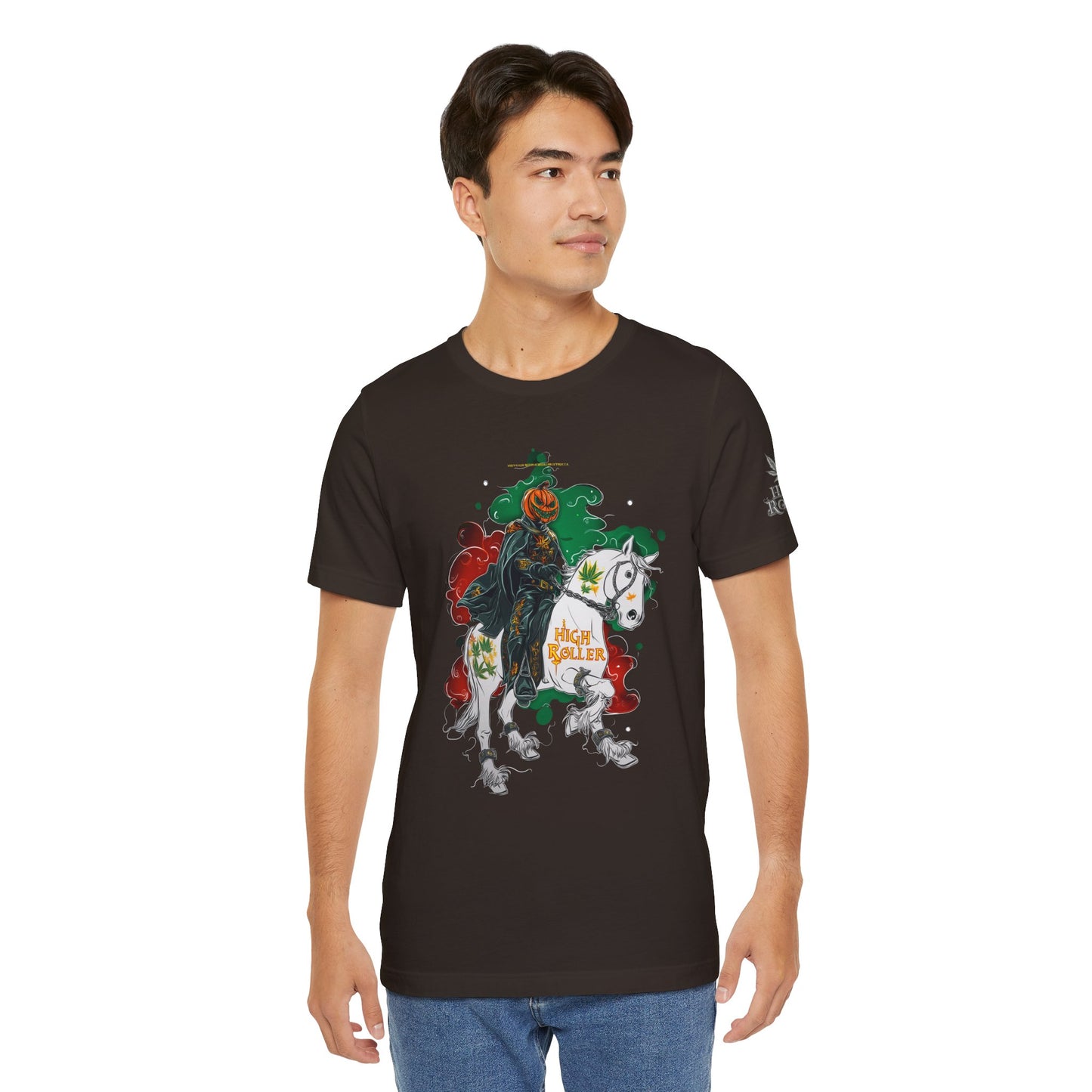 Headless Horseman HIGH ROLLER Halloween Cannabis T-Shirt - Premium Pumpkin Rider Skeletal Steed 420 Apparel