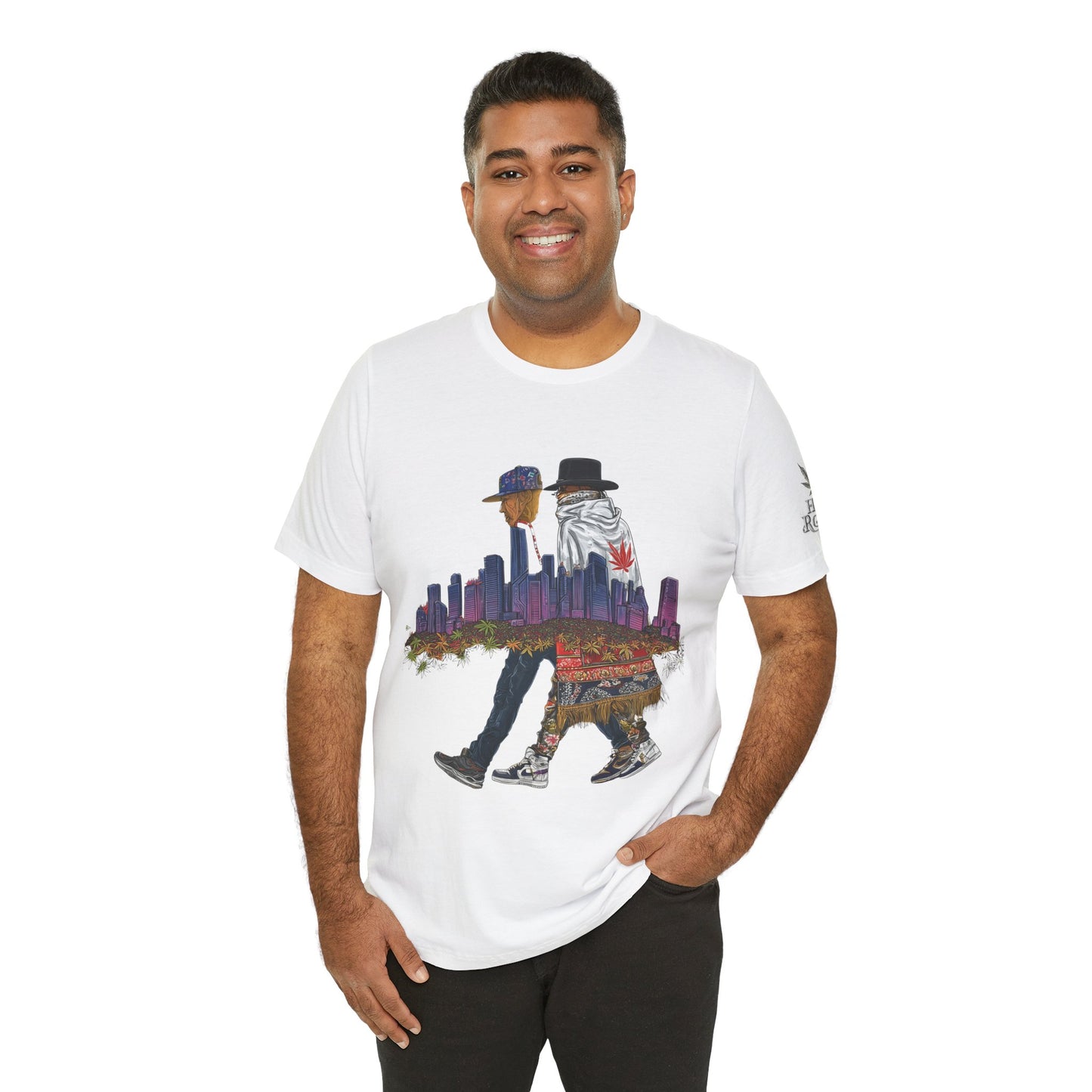 High Roller Urban Legends Cannabis T-Shirt - Premium 420 City Skyline Street Culture Double Exposure Apparel