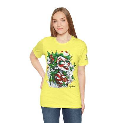 High Roller Jester Queen Cannabis T-Shirt - Premium 420 Harlequin Beauty Holiday Celebration Apparel