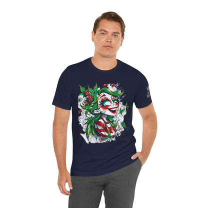 High Roller Jester Queen Cannabis T-Shirt - Premium 420 Harlequin Beauty Holiday Celebration Apparel