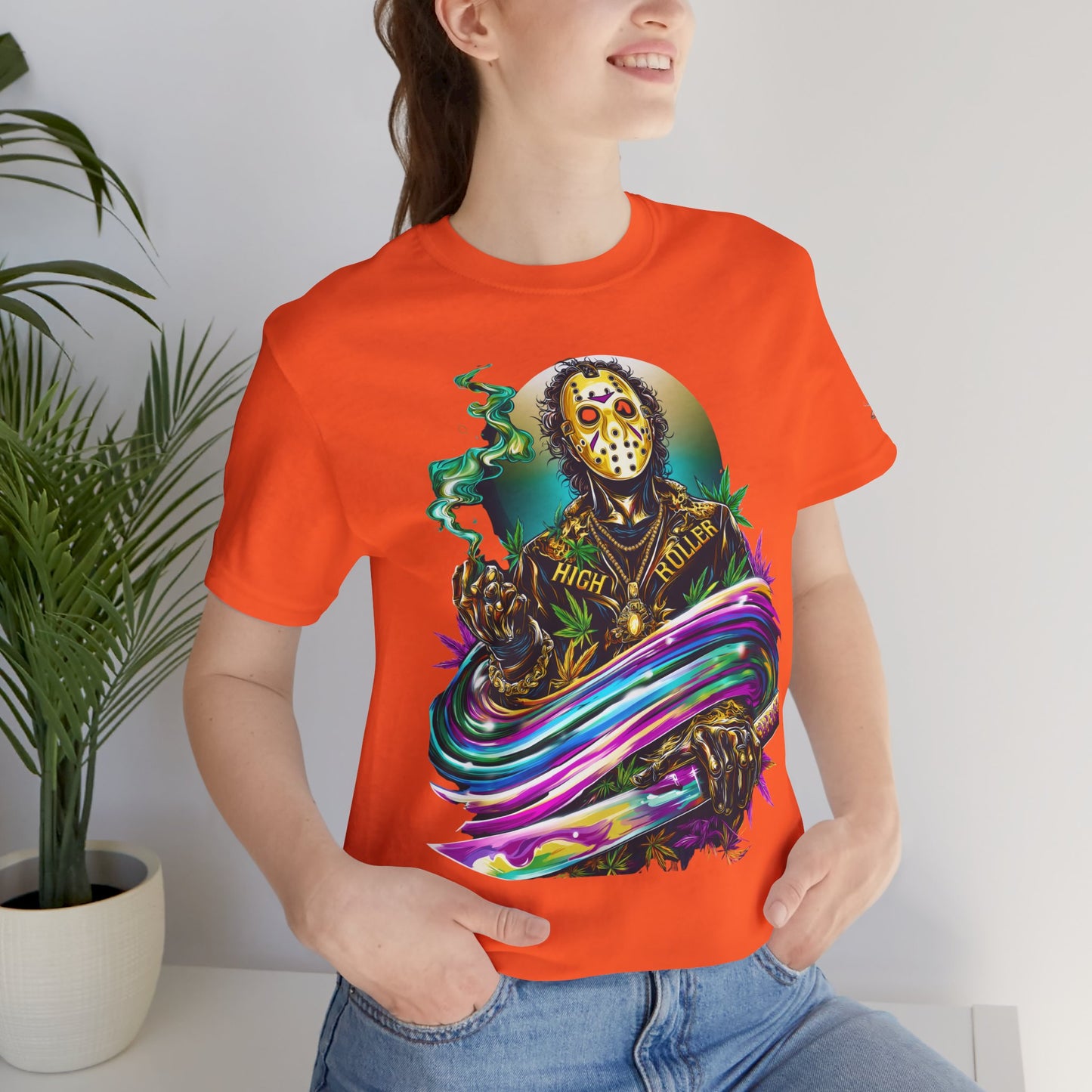 Psychedelic Jason Swoosh Cannabis T-Shirt - Premium Horror 420 Orange Edition Apparel