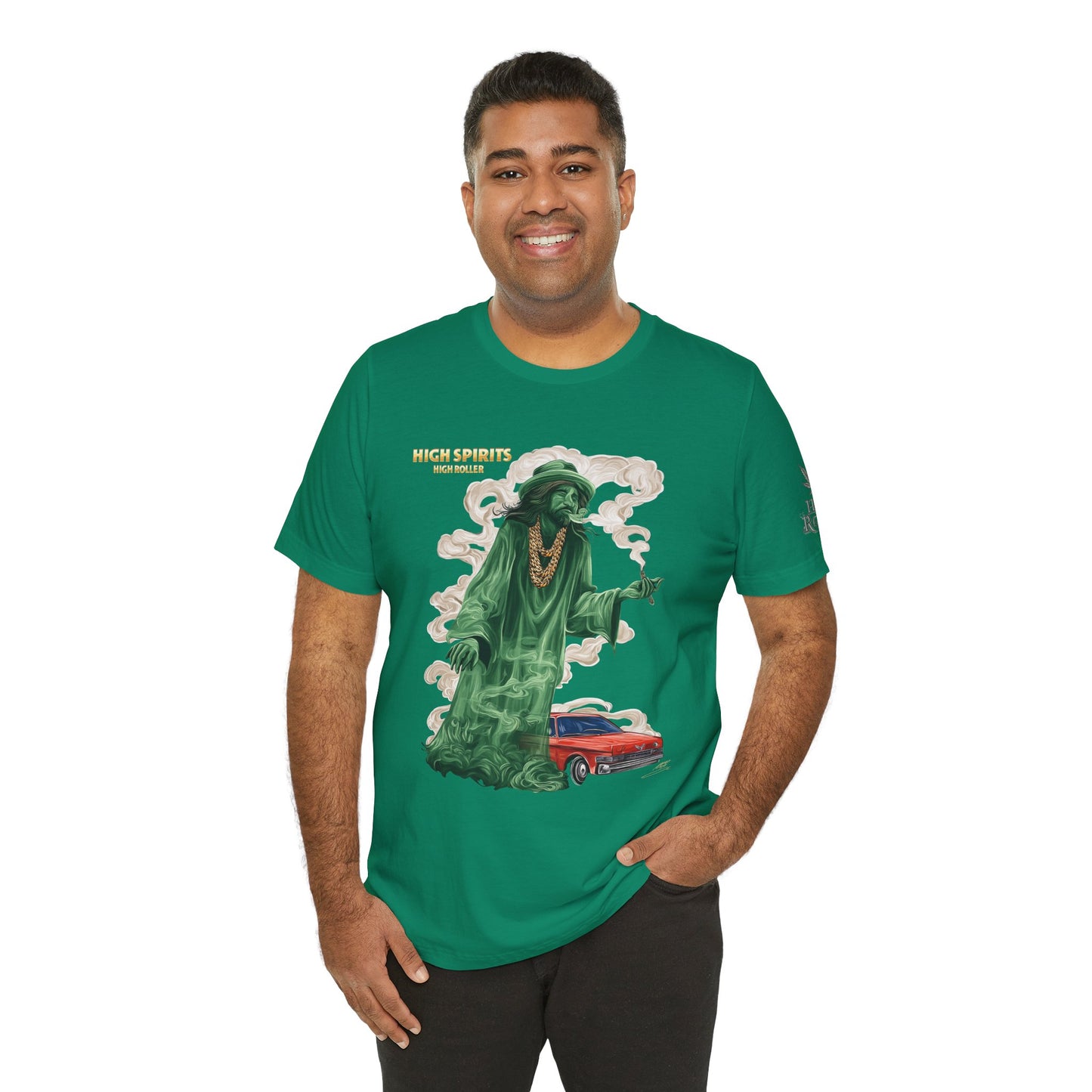 High Spirits HIGH ROLLER Halloween Cannabis Ghost T-Shirt - Premium Spectral Lowrider Phantom 420 Apparel