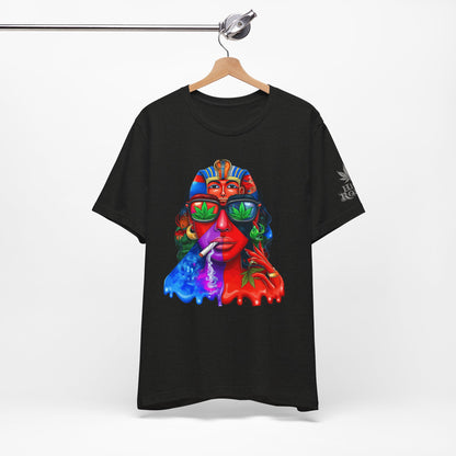 Pharaoh Vision Premium Cannabis Culture T-Shirt - Ancient Egyptian Royalty With Modern Cannabis Celebration And Psychedelic Split-Face Art