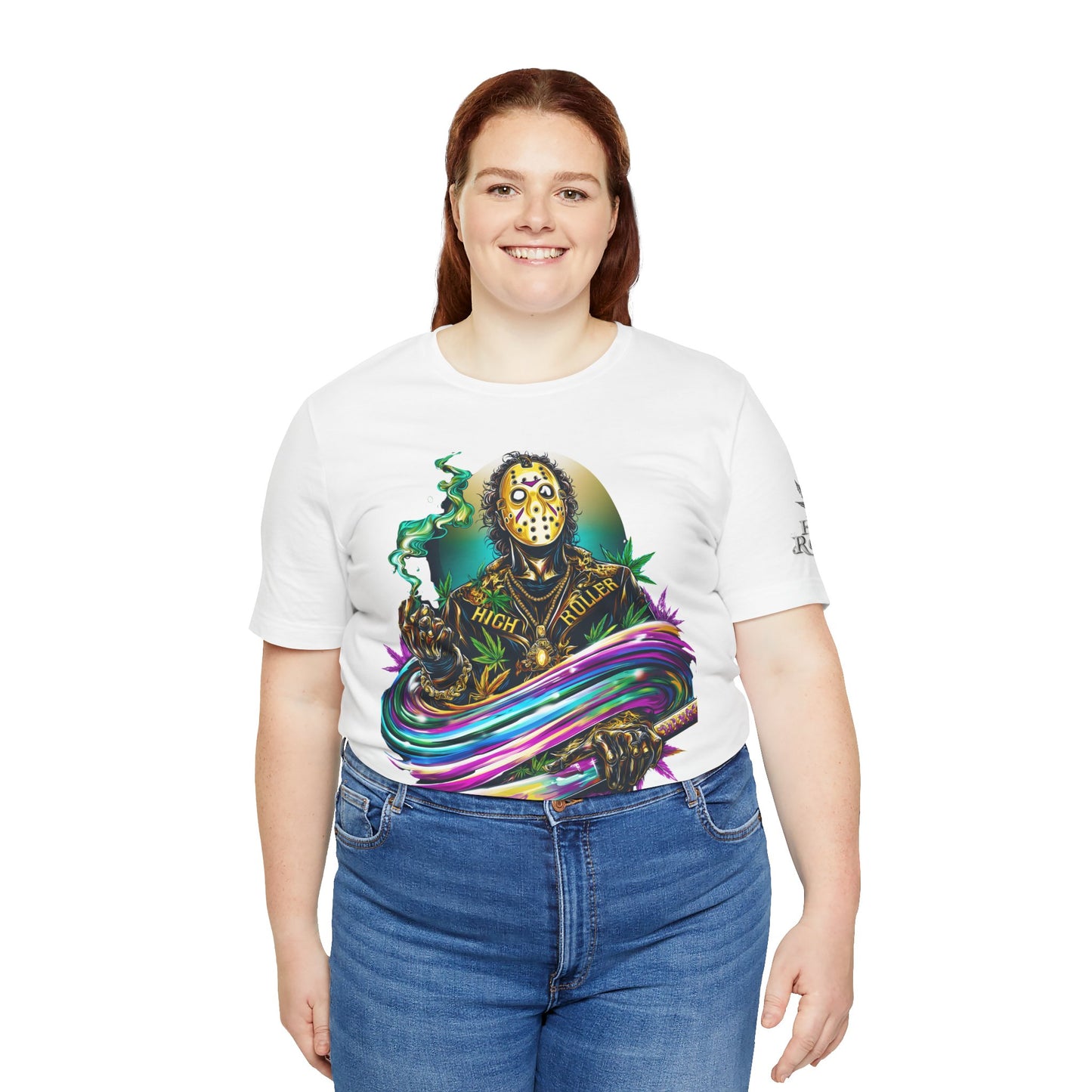 Psychedelic Jason Swoosh Cannabis T-Shirt - Premium Horror 420 Orange Edition Apparel