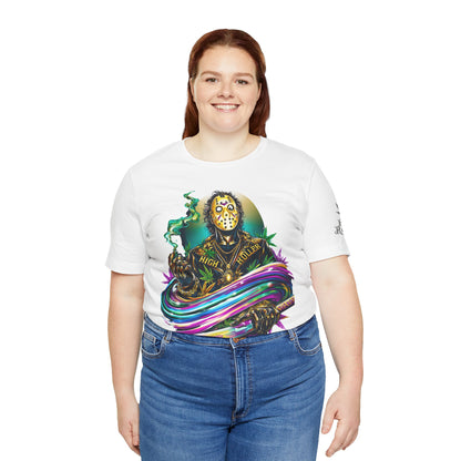 Psychedelic Jason Swoosh Cannabis T-Shirt - Premium Horror 420 Orange Edition Apparel