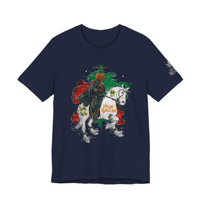Headless Horseman HIGH ROLLER Halloween Cannabis T-Shirt - Premium Pumpkin Rider Skeletal Steed 420 Apparel