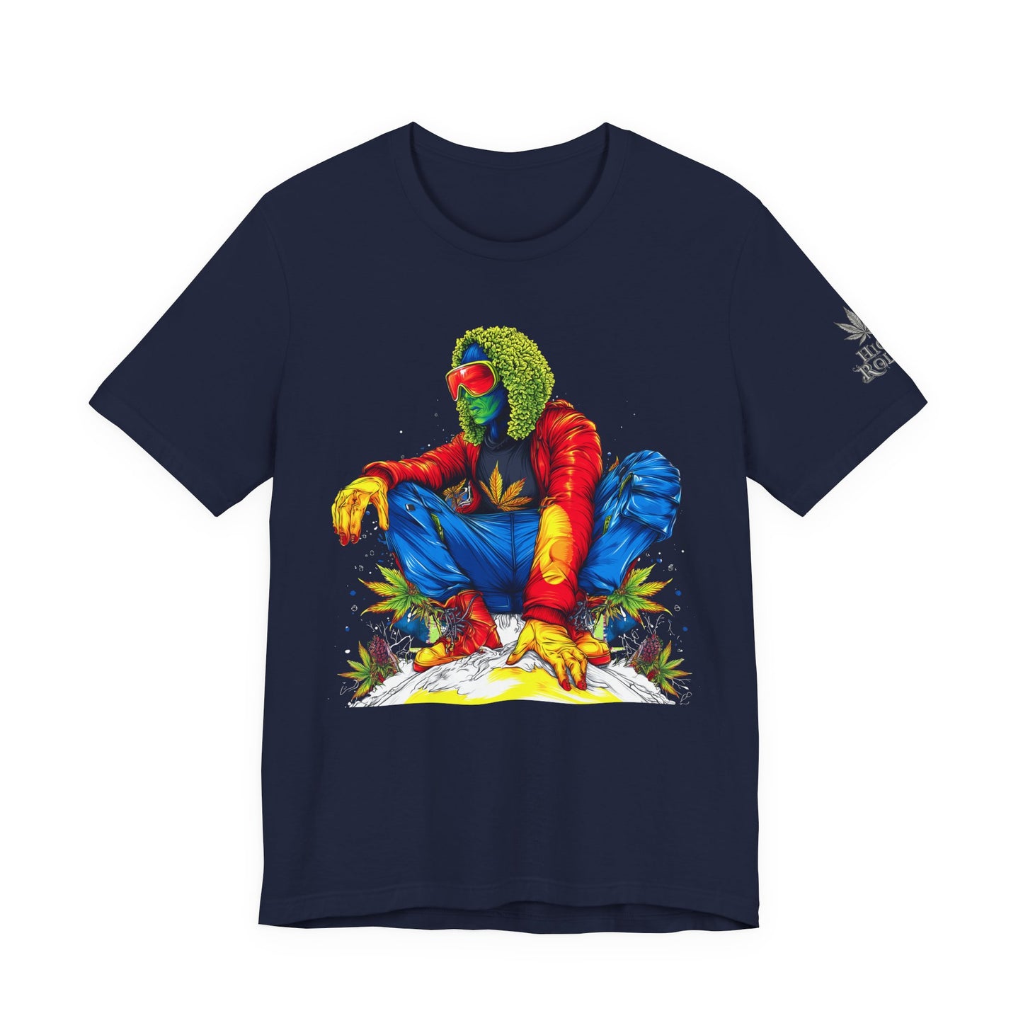 Psychedelic Chill Premium Cannabis Culture T-Shirt - Vibrant Street Art With Rainbow Color Explosion And Meditative Pose