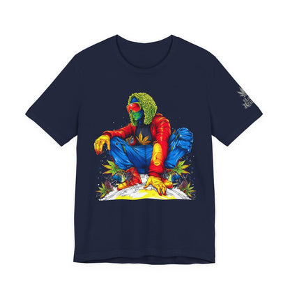 Psychedelic Chill Premium Cannabis Culture T-Shirt - Vibrant Street Art With Rainbow Color Explosion And Meditative Pose