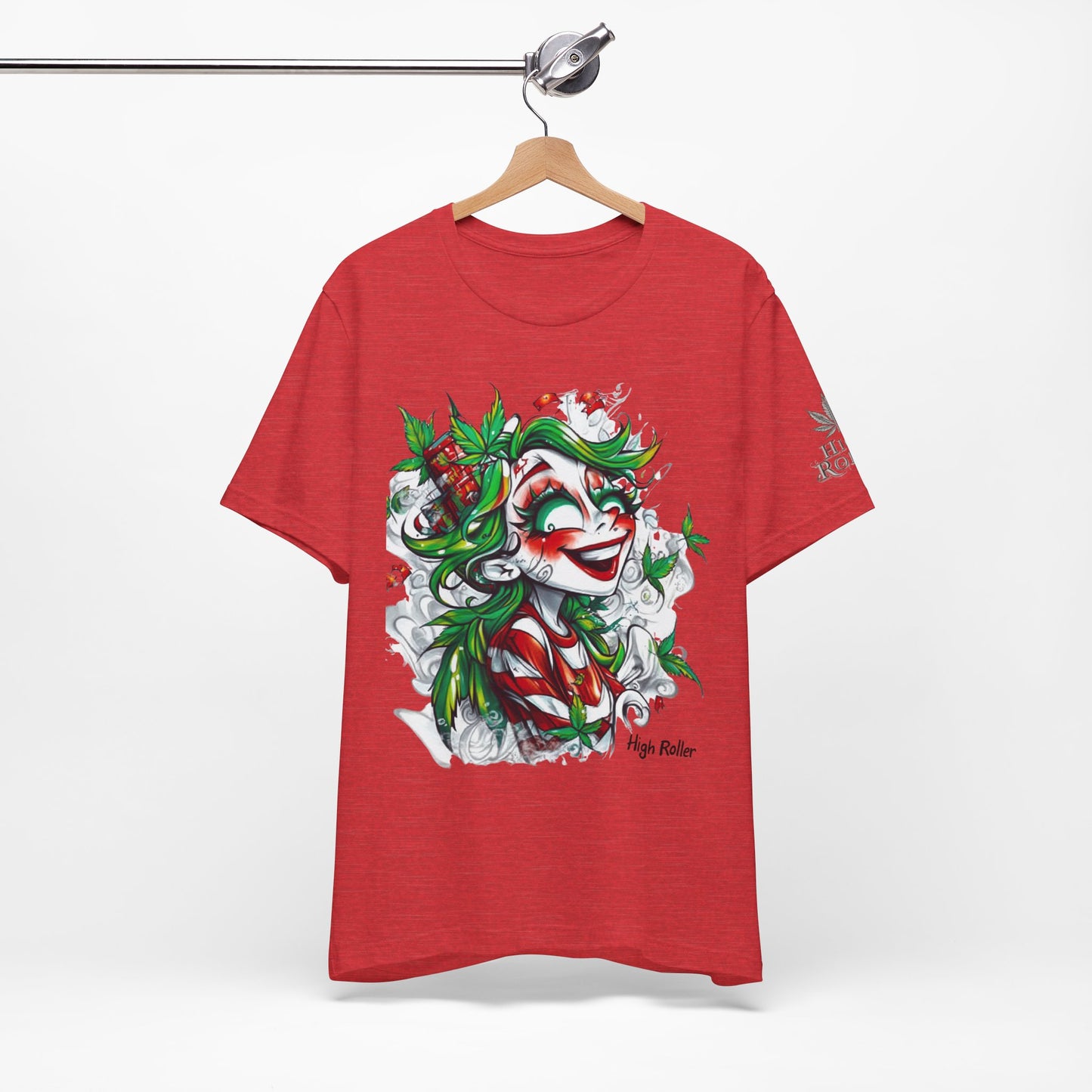 High Roller Jester Queen Cannabis T-Shirt - Premium 420 Harlequin Beauty Holiday Celebration Apparel