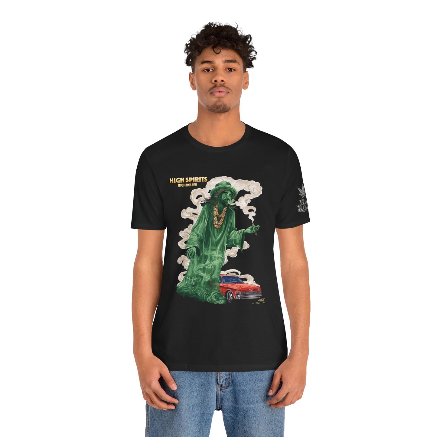 High Spirits HIGH ROLLER Halloween Cannabis Ghost T-Shirt - Premium Spectral Lowrider Phantom 420 Apparel