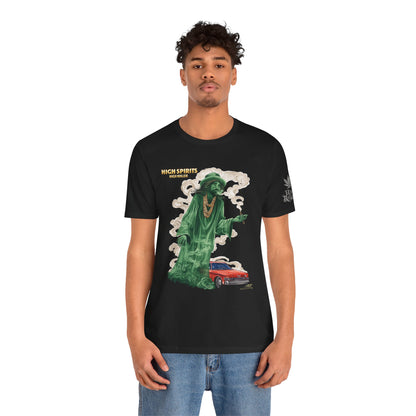 High Spirits HIGH ROLLER Halloween Cannabis Ghost T-Shirt - Premium Spectral Lowrider Phantom 420 Apparel