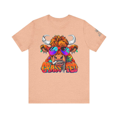 High Roller Grass Fed Cannabis T-Shirt - Premium 420 Highland Cow Humor Psychedelic Sunglasses Farm Culture Comedy Apparel
