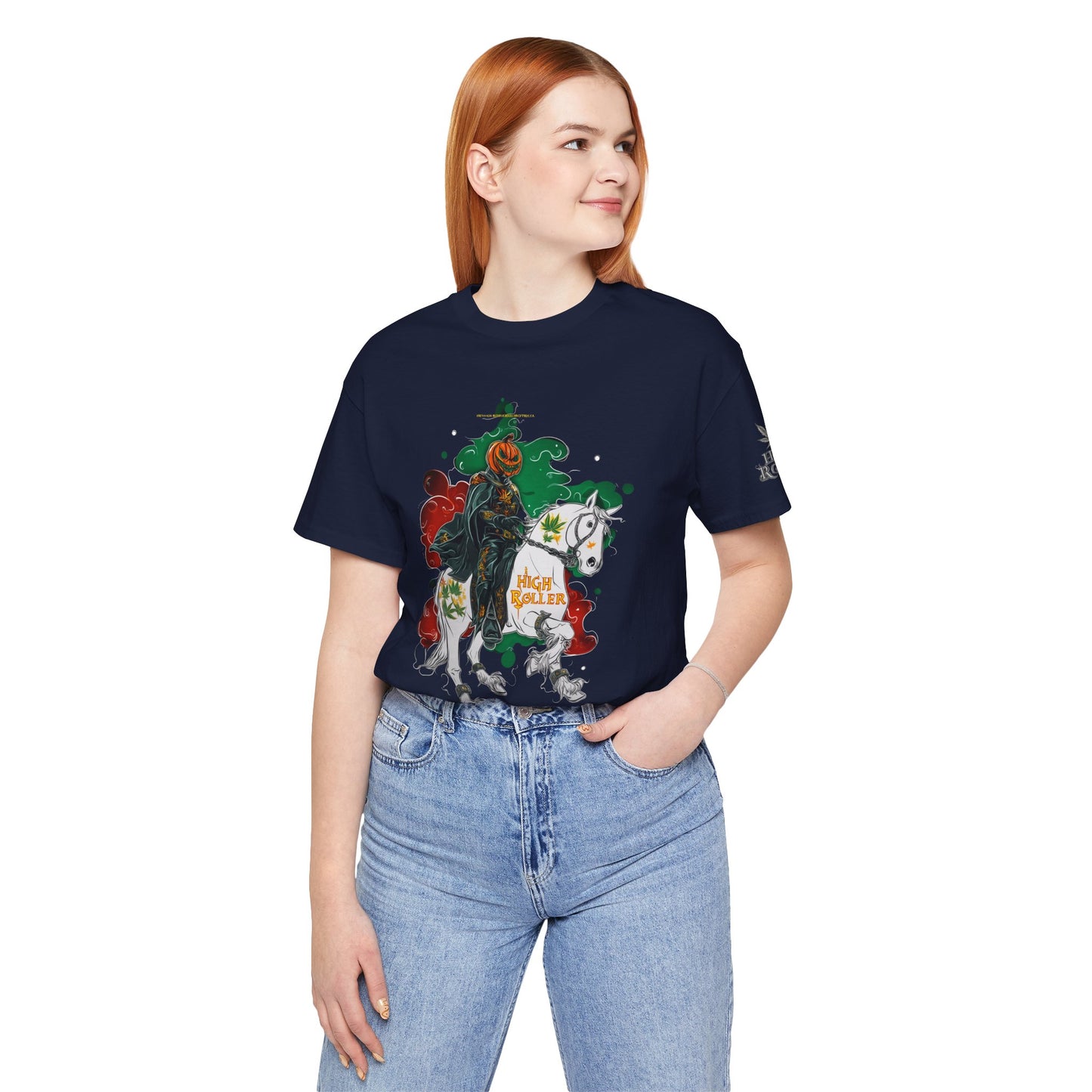Headless Horseman HIGH ROLLER Halloween Cannabis T-Shirt - Premium Pumpkin Rider Skeletal Steed 420 Apparel