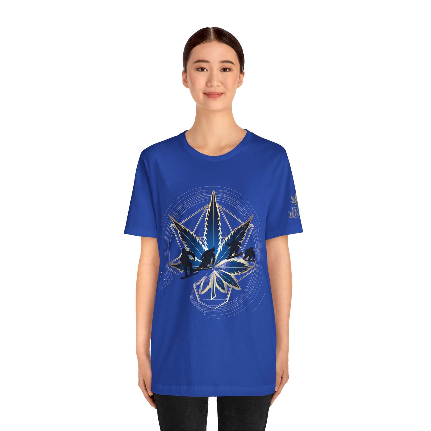 Sacred Geometry Snowboard Premium Cannabis Culture T-Shirt - Emerald Green Tee With Action Sports And Crystalline Cannabis Geometric Mandala