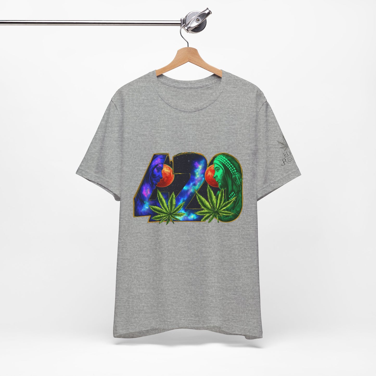 420 Cosmic Connection Premium Cannabis Culture T-Shirt - Bold Typography With Celestial Profiles And Luminous Cannabis Leaf Design