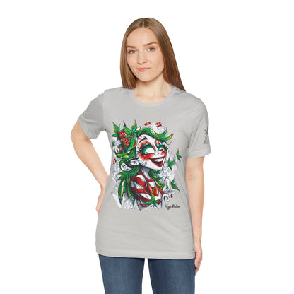 High Roller Jester Queen Cannabis T-Shirt - Premium 420 Harlequin Beauty Holiday Celebration Apparel