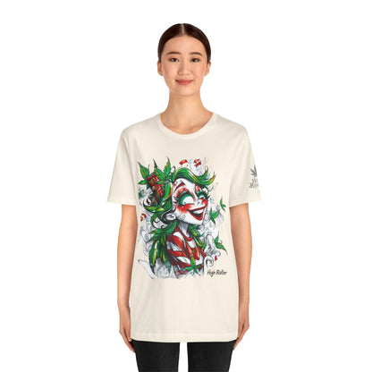 High Roller Jester Queen Cannabis T-Shirt - Premium 420 Harlequin Beauty Holiday Celebration Apparel