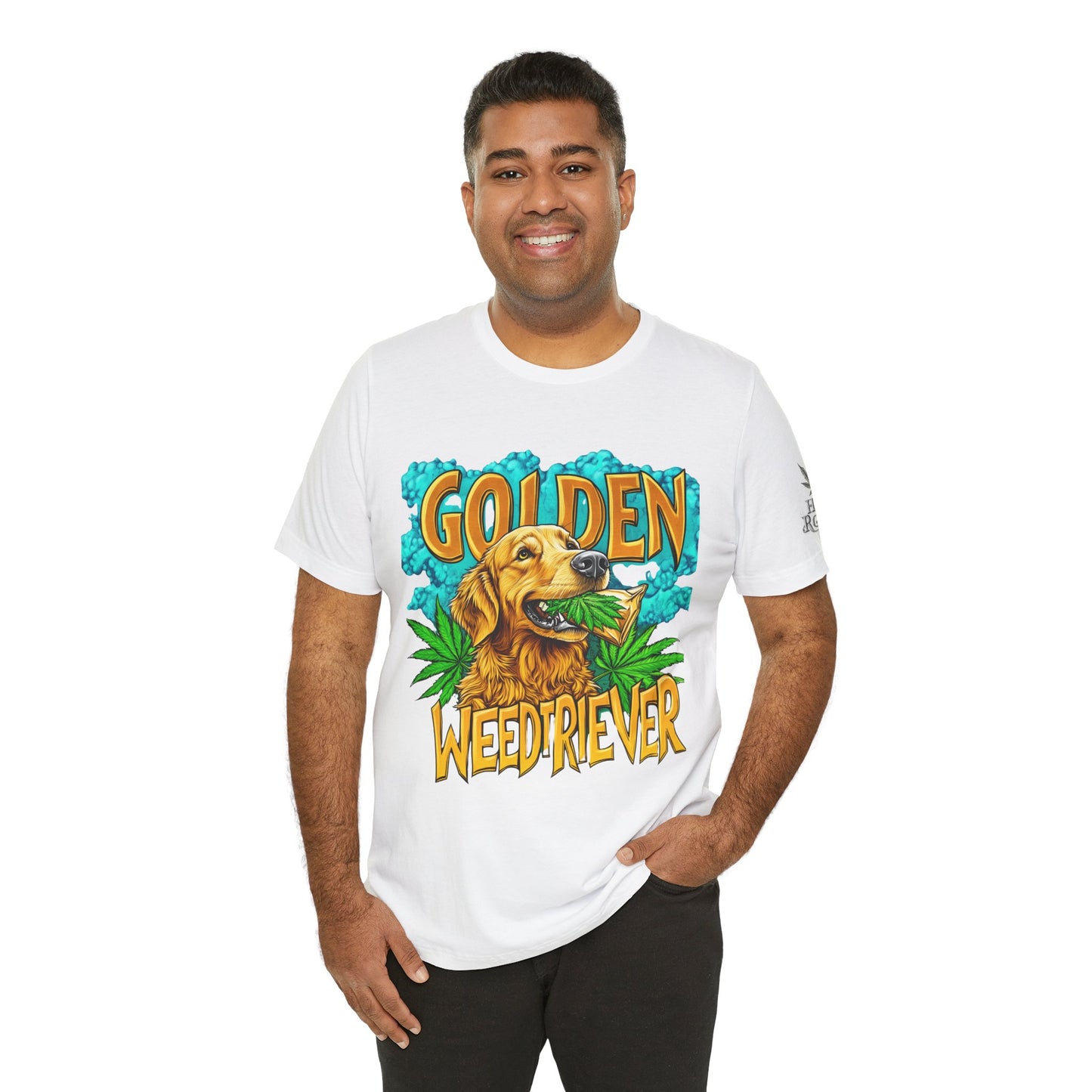 High Roller Golden Weedtriever Cannabis T-Shirt - Premium 420 Dog Lover Humor Golden Retriever Pun Comedy Pet Culture Apparel