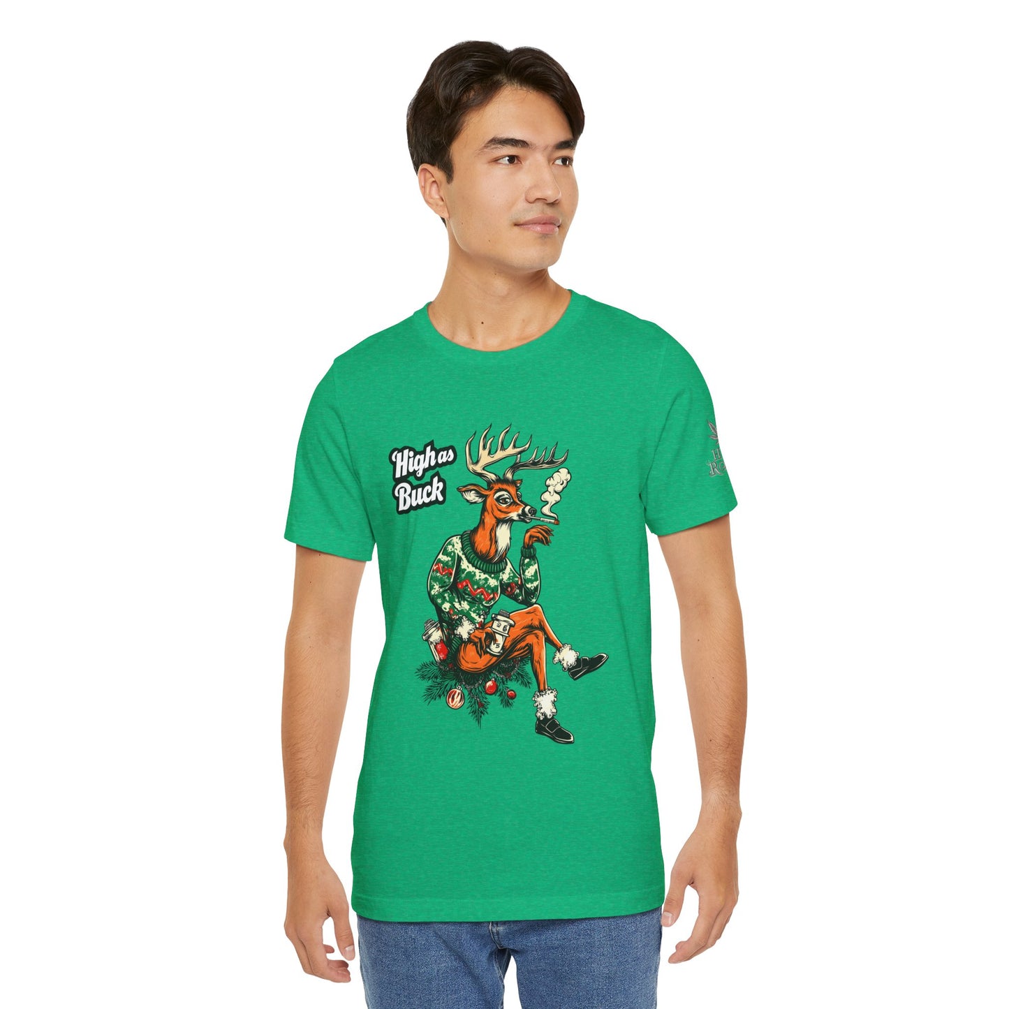 High as Buck T-Shirt - Premium Airlume Cotton Cannabis Christmas Deer Holiday Tee