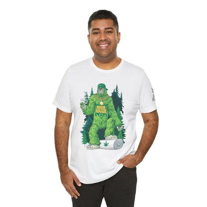 Bigfoot HIGH ROLLER Halloween Cannabis Forest T-Shirt - Premium Sasquatch Lifestyle Legend 420 Apparel