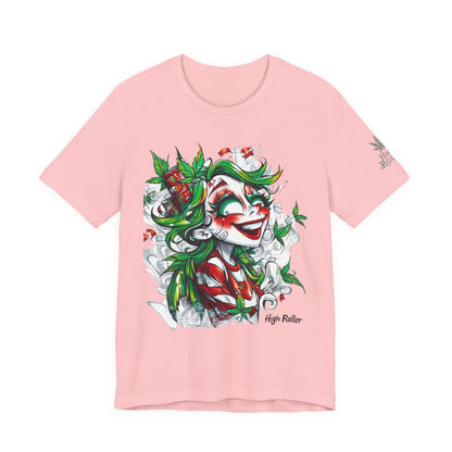 High Roller Jester Queen Cannabis T-Shirt - Premium 420 Harlequin Beauty Holiday Celebration Apparel