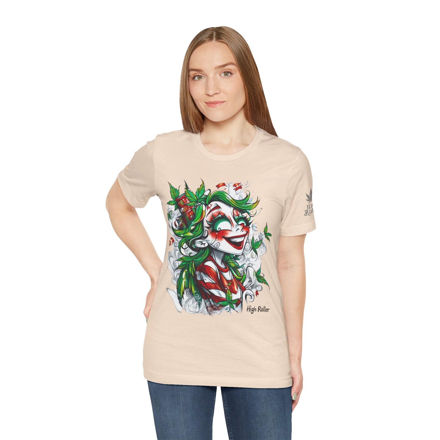 High Roller Jester Queen Cannabis T-Shirt - Premium 420 Harlequin Beauty Holiday Celebration Apparel