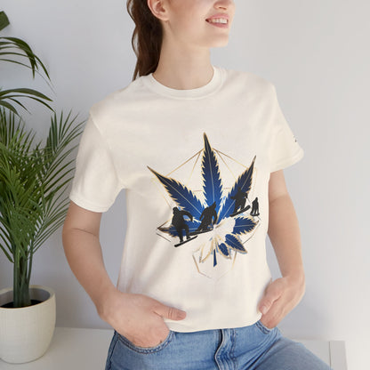 Sacred Geometry Snowboard Premium Cannabis Culture T-Shirt - Emerald Green Tee With Action Sports And Crystalline Cannabis Geometric Mandala