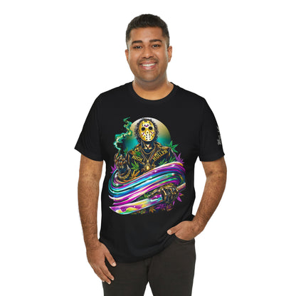 Psychedelic Jason Swoosh Cannabis T-Shirt - Premium Horror 420 Orange Edition Apparel