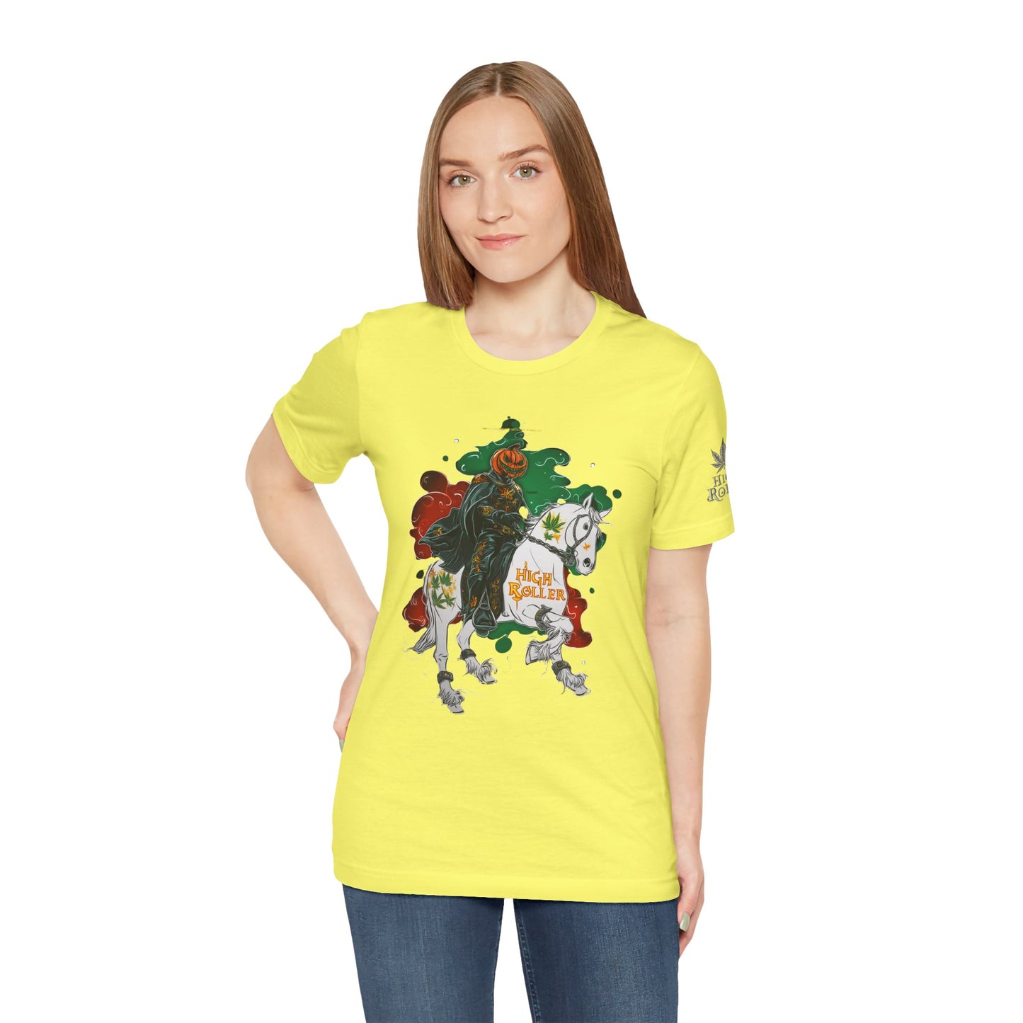 Headless Horseman HIGH ROLLER Halloween Cannabis T-Shirt - Premium Pumpkin Rider Skeletal Steed 420 Apparel