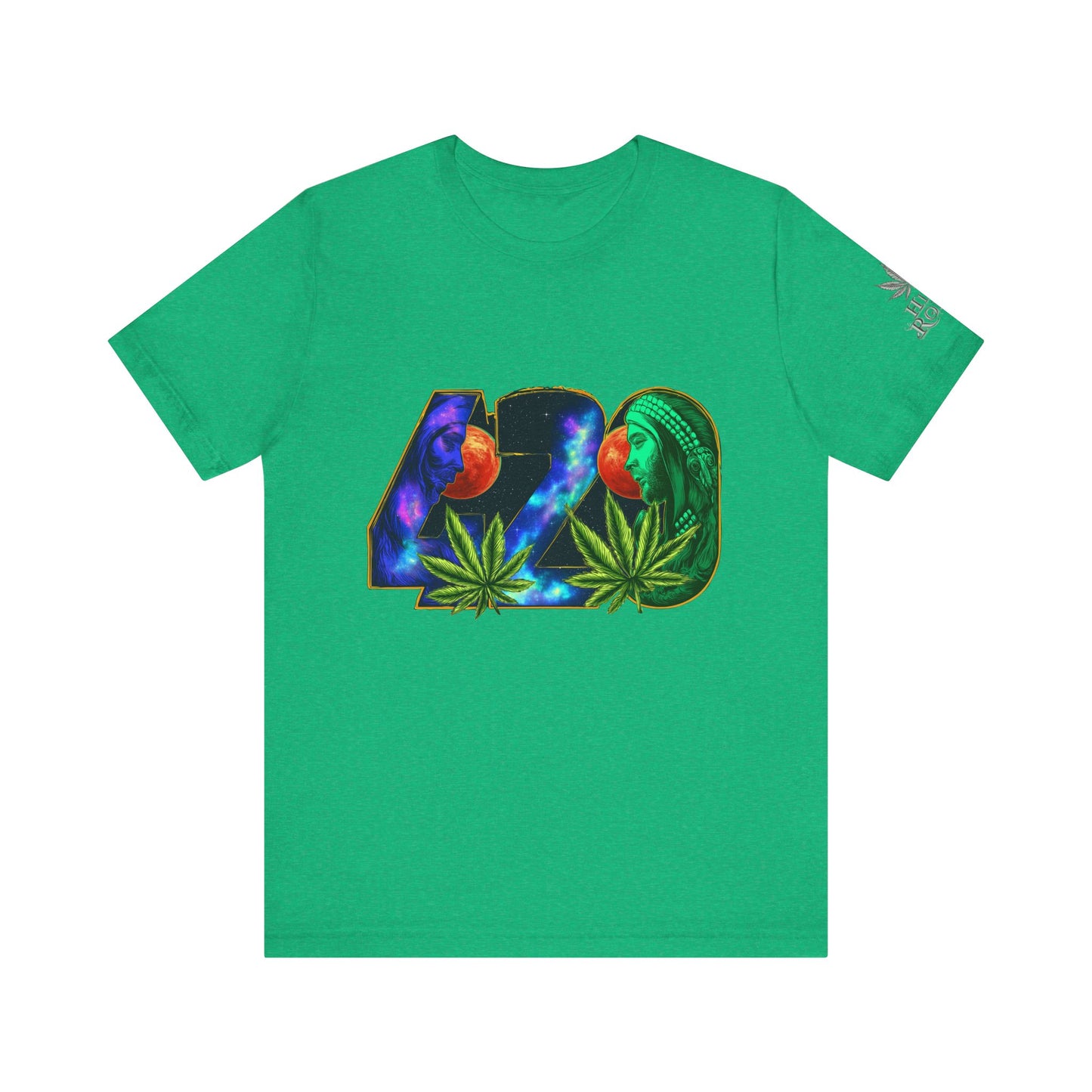 420 Cosmic Connection Premium Cannabis Culture T-Shirt - Bold Typography With Celestial Profiles And Luminous Cannabis Leaf Design