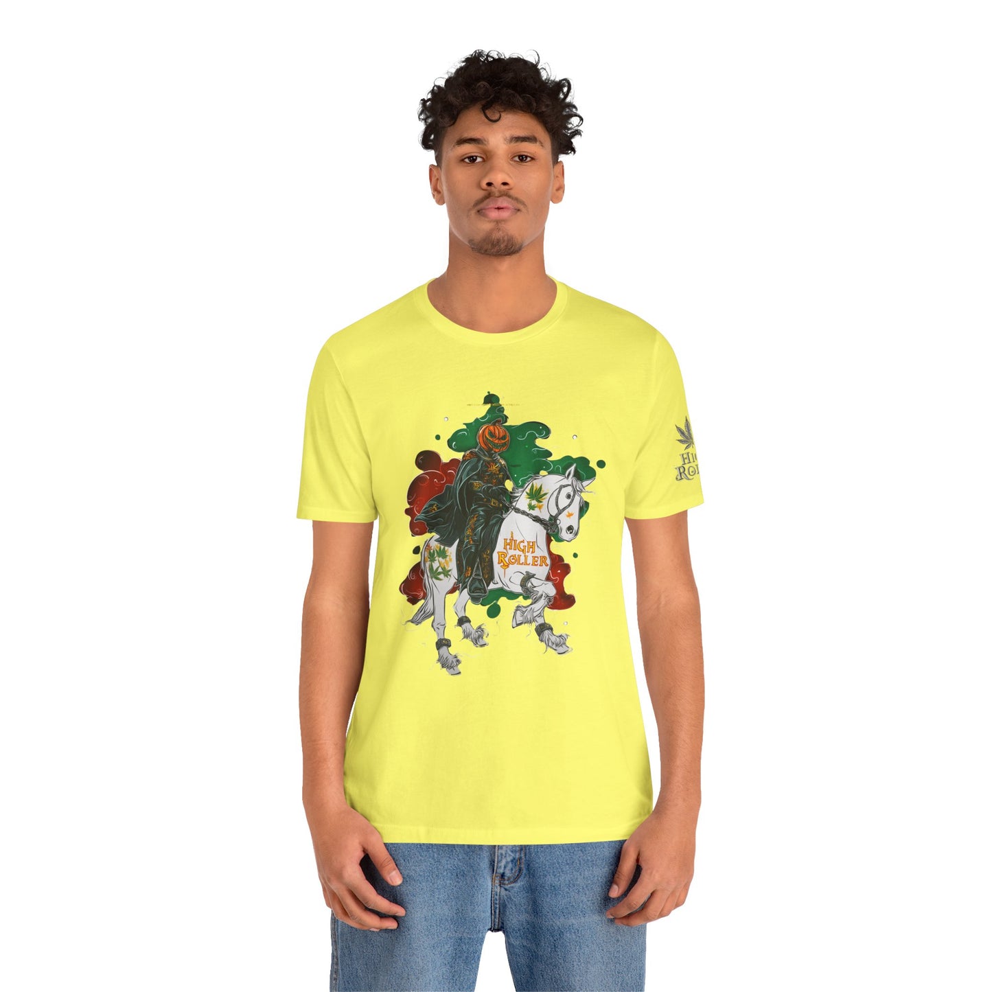 Headless Horseman HIGH ROLLER Halloween Cannabis T-Shirt - Premium Pumpkin Rider Skeletal Steed 420 Apparel