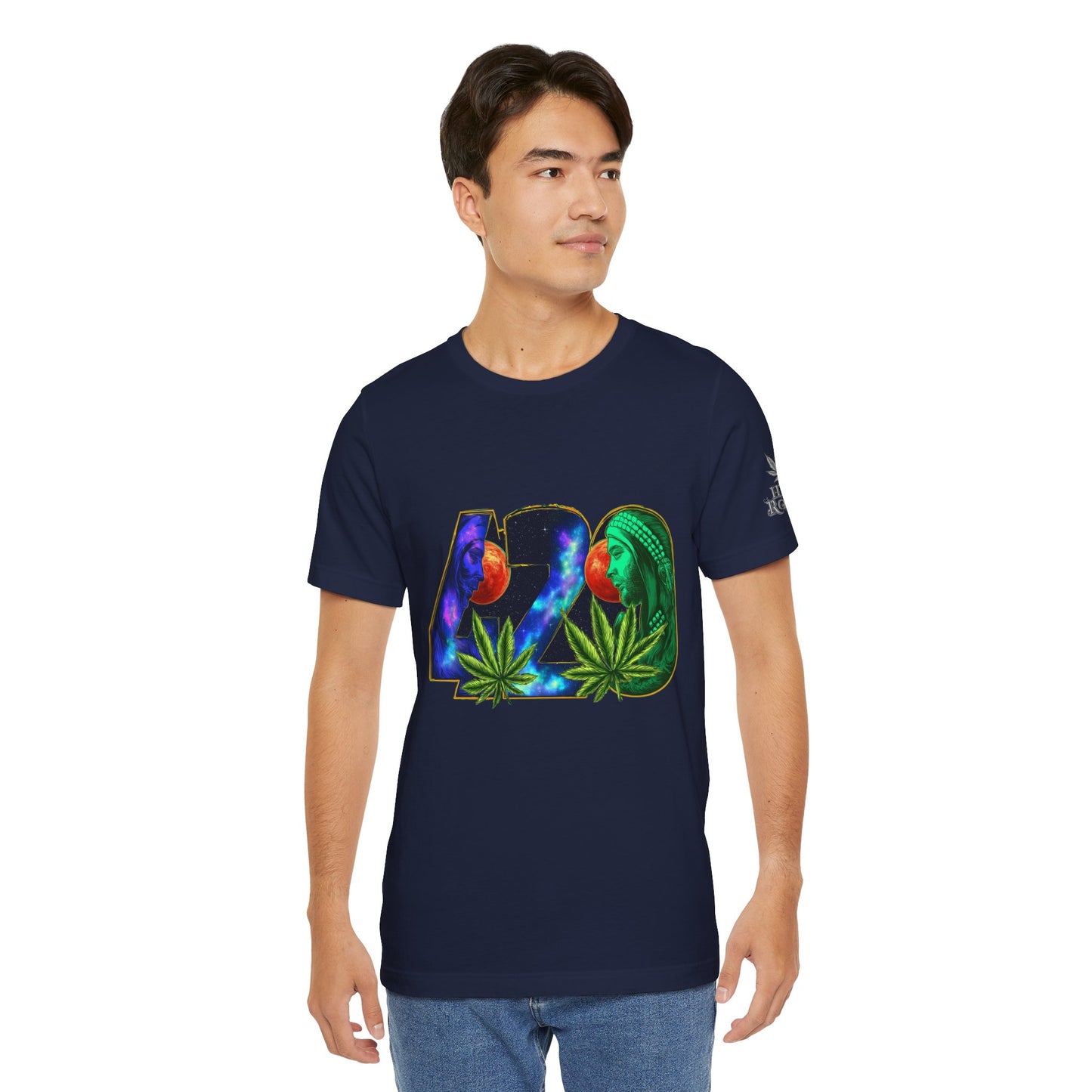 420 Cosmic Connection Premium Cannabis Culture T-Shirt - Bold Typography With Celestial Profiles And Luminous Cannabis Leaf Design