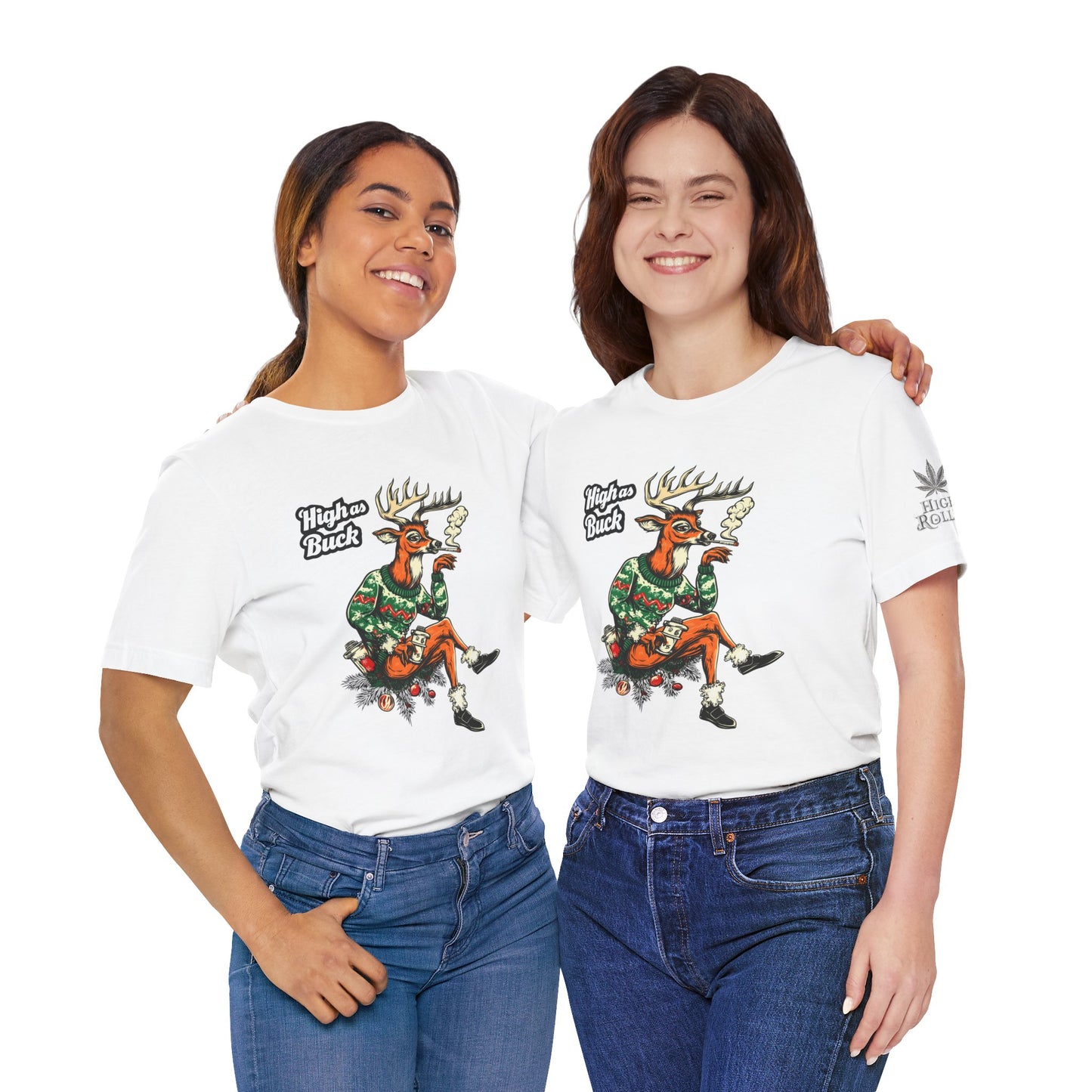 High as Buck T-Shirt - Premium Airlume Cotton Cannabis Christmas Deer Holiday Tee