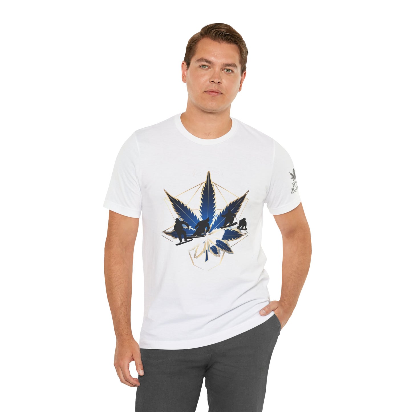 Sacred Geometry Snowboard Premium Cannabis Culture T-Shirt - Emerald Green Tee With Action Sports And Crystalline Cannabis Geometric Mandala