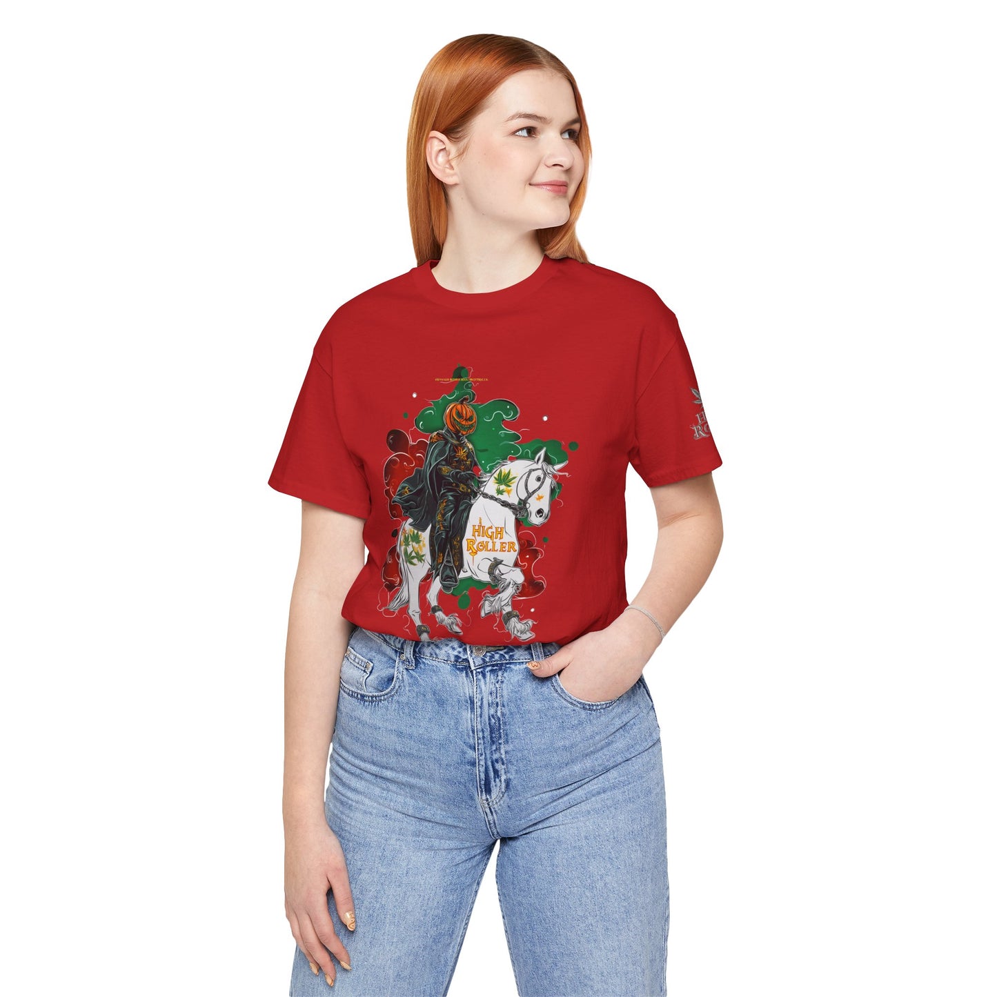 Headless Horseman HIGH ROLLER Halloween Cannabis T-Shirt - Premium Pumpkin Rider Skeletal Steed 420 Apparel