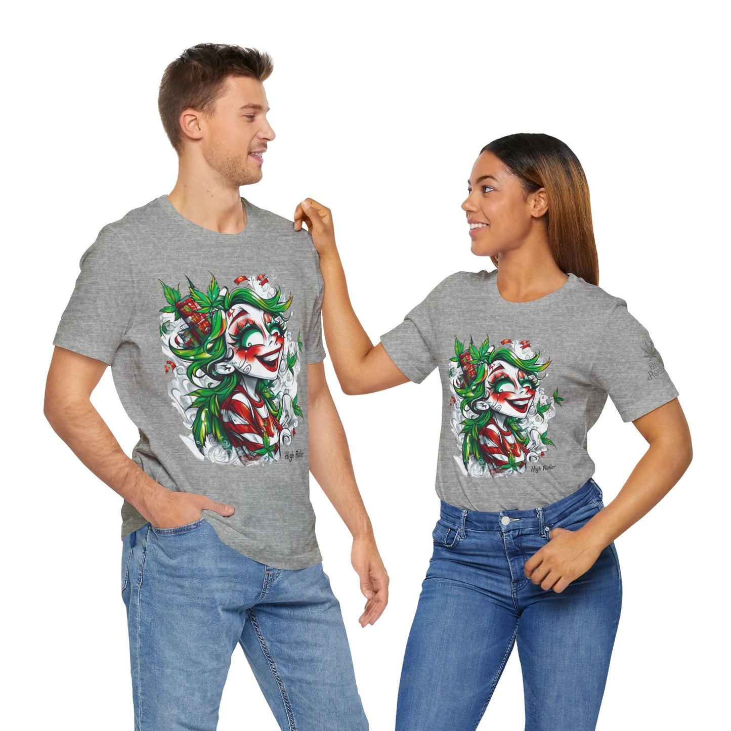 High Roller Jester Queen Cannabis T-Shirt - Premium 420 Harlequin Beauty Holiday Celebration Apparel