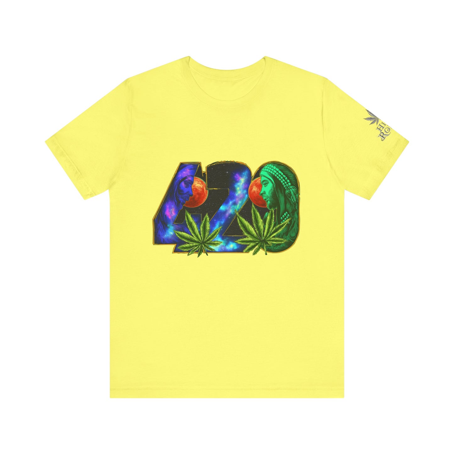 420 Cosmic Connection Premium Cannabis Culture T-Shirt - Bold Typography With Celestial Profiles And Luminous Cannabis Leaf Design