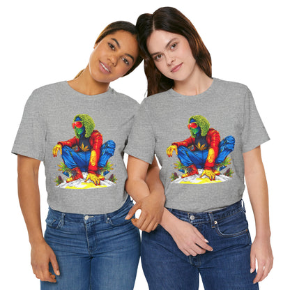 Psychedelic Chill Premium Cannabis Culture T-Shirt - Vibrant Street Art With Rainbow Color Explosion And Meditative Pose