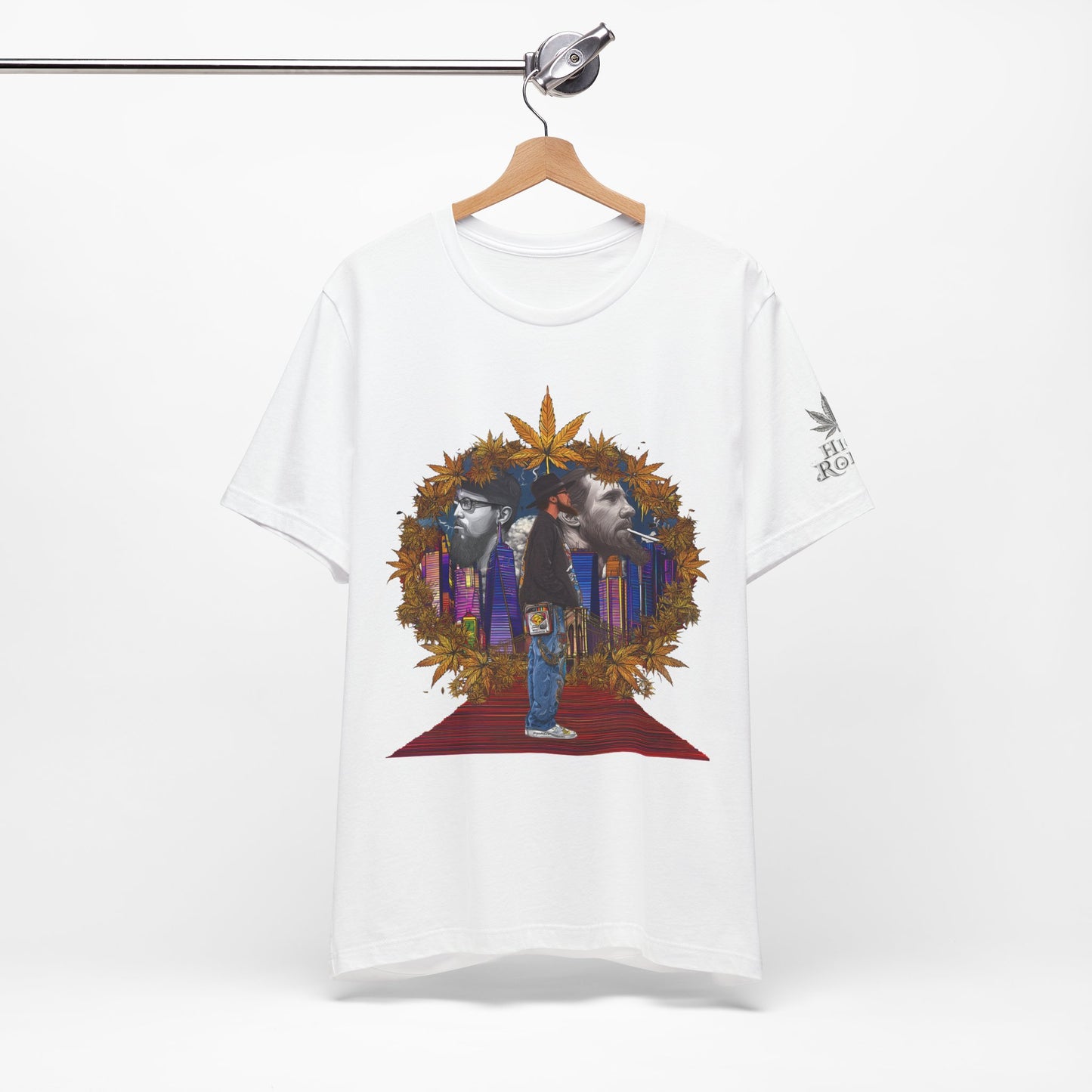 High Roller Red Carpet Cannabis T-Shirt - Premium 420 Hip-Hop Legacy Golden Frame Street Culture Artistic Portrait Apparel