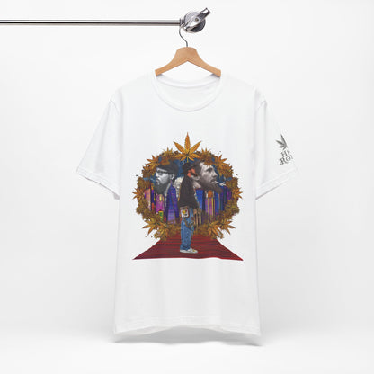 High Roller Red Carpet Cannabis T-Shirt - Premium 420 Hip-Hop Legacy Golden Frame Street Culture Artistic Portrait Apparel