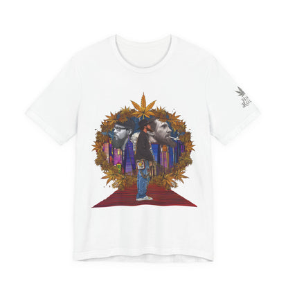 High Roller Red Carpet Cannabis T-Shirt - Premium 420 Hip-Hop Legacy Golden Frame Street Culture Artistic Portrait Apparel