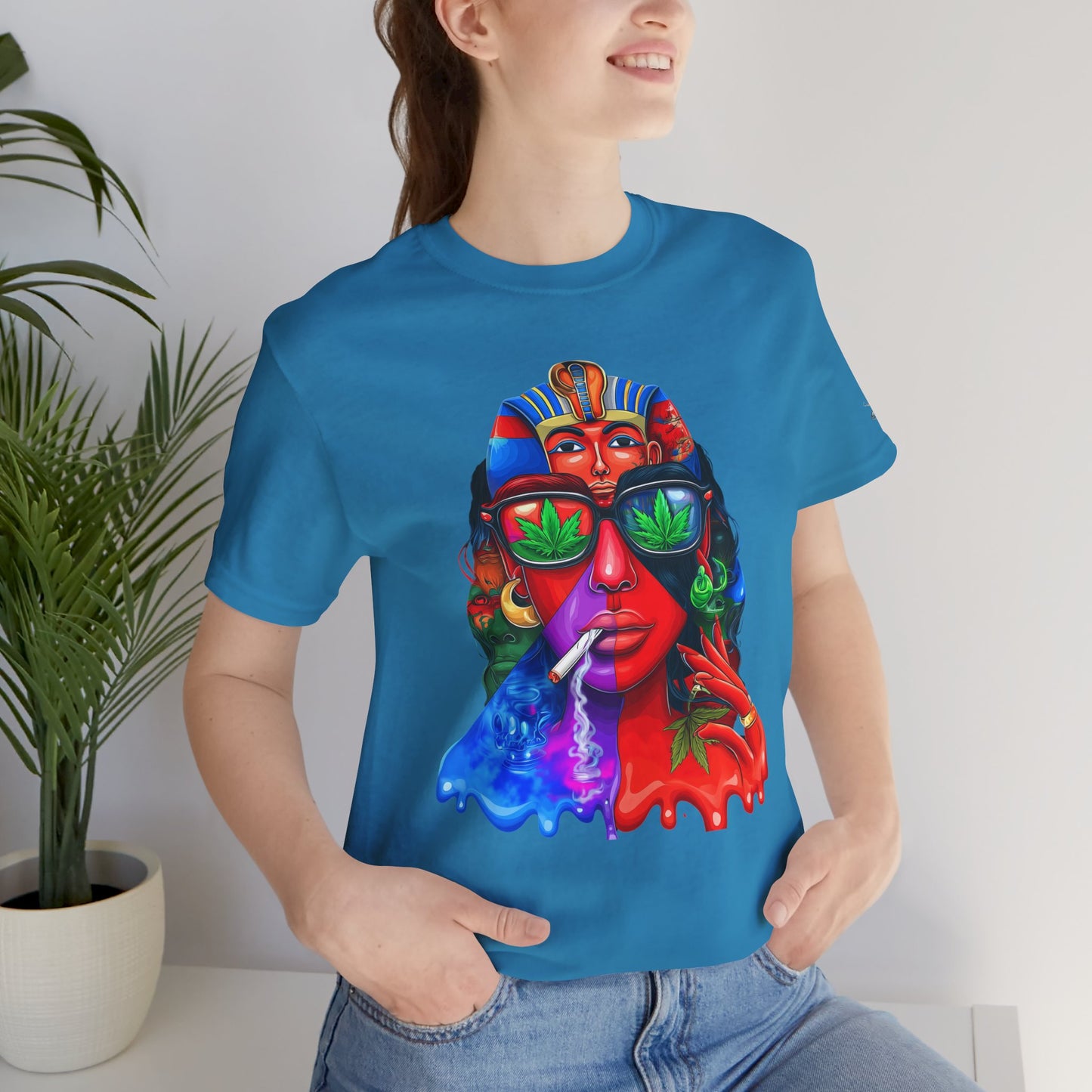 Pharaoh Vision Premium Cannabis Culture T-Shirt - Ancient Egyptian Royalty With Modern Cannabis Celebration And Psychedelic Split-Face Art