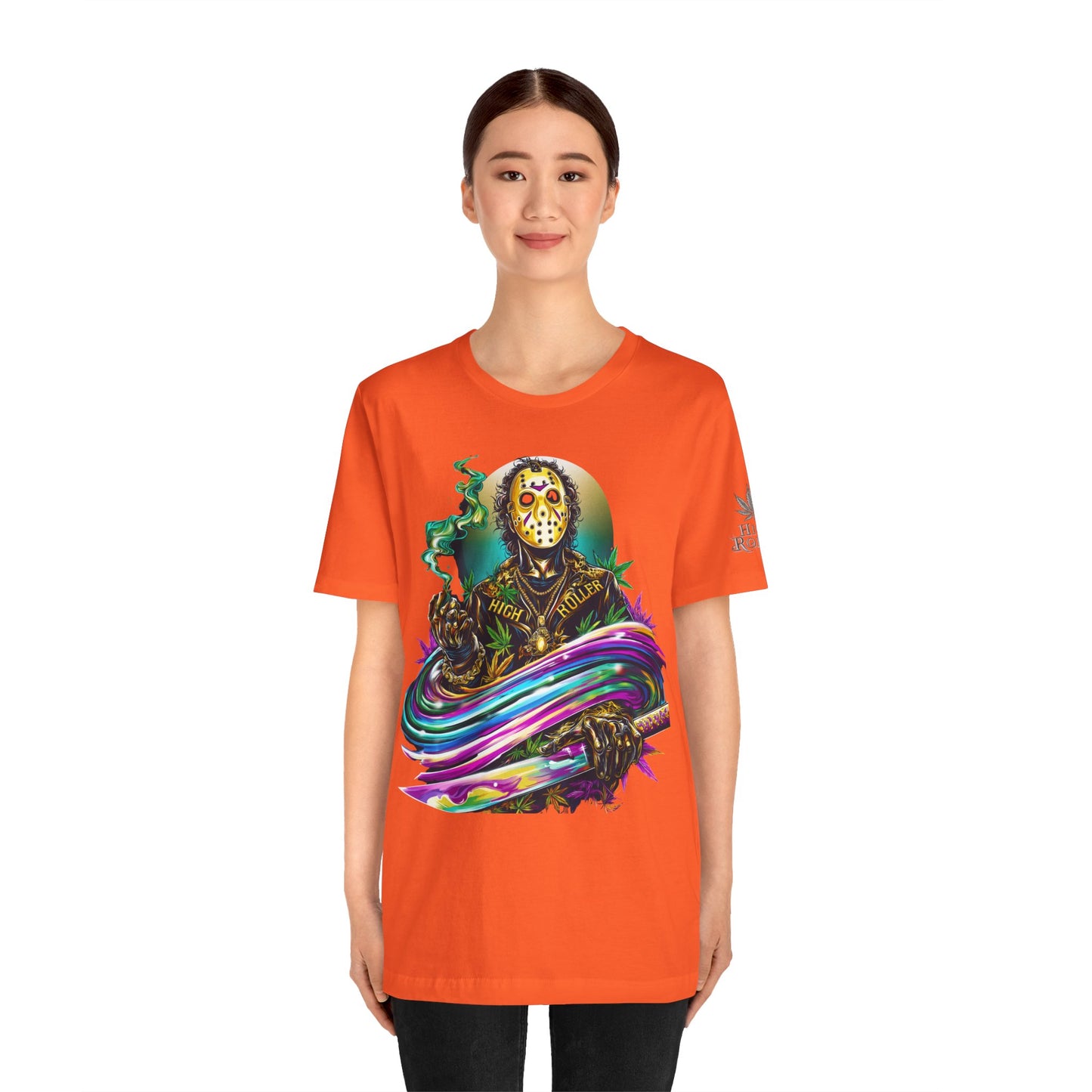 Psychedelic Jason Swoosh Cannabis T-Shirt - Premium Horror 420 Orange Edition Apparel