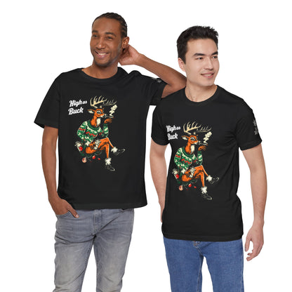High as Buck T-Shirt - Premium Airlume Cotton Cannabis Christmas Deer Holiday Tee