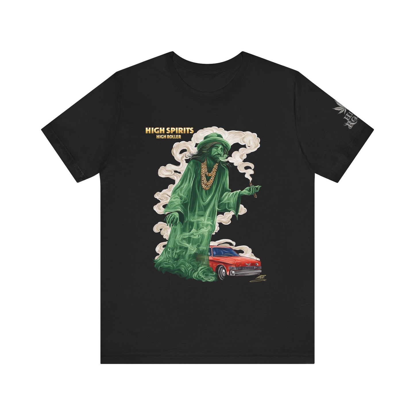 High Spirits HIGH ROLLER Halloween Cannabis Ghost T-Shirt - Premium Spectral Lowrider Phantom 420 Apparel