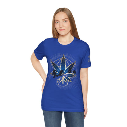 Sacred Geometry Snowboard Premium Cannabis Culture T-Shirt - Emerald Green Tee With Action Sports And Crystalline Cannabis Geometric Mandala