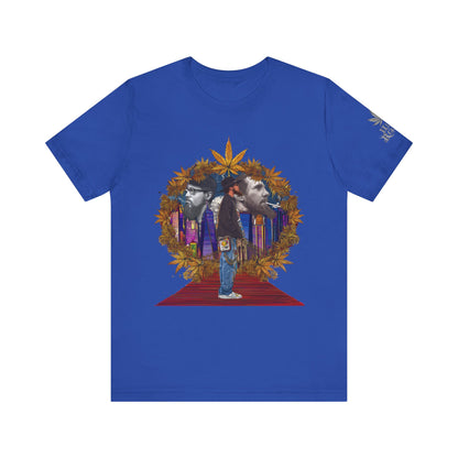 Red Carpet Royalty Premium Cannabis Culture T-Shirt - Hip-Hop Legends Tribute With Golden Cannabis Wreath And City Skyline