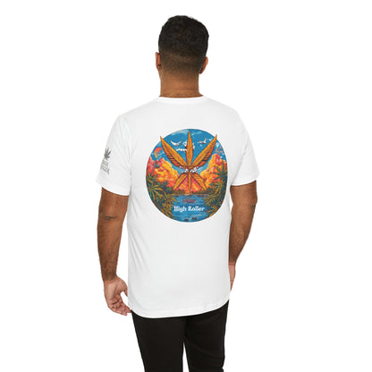Cannabis Paradise Circle Tee - Tropical Sunset Art Design | High Roller